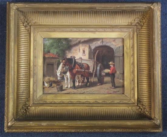 Willem Jacobus Boogaard (1842-1887) Horses and cart beside a gateway, 5.25 x 7.75in.